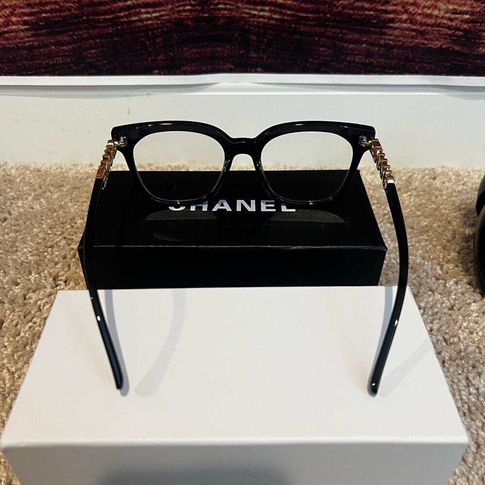 NEW W/ BOX & CASE Chanel Clear Blue Light Glasses Black Gold Logo Spell Out - Picture 5 of 7